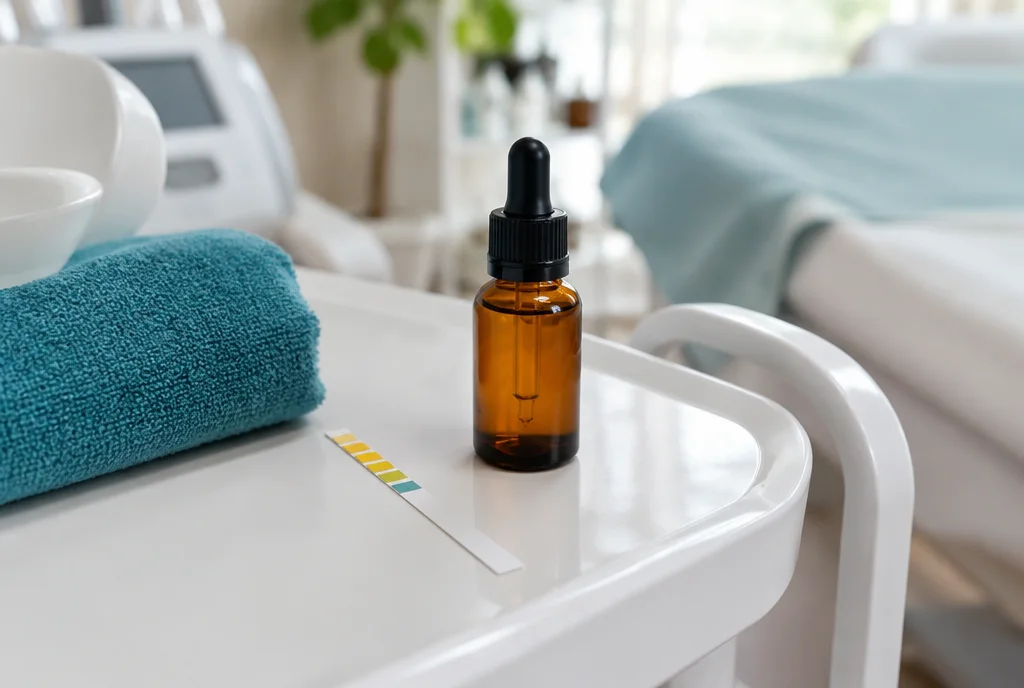 GHK-Cu w kosmetykach: serum z peptydami miedzi i pasek do pomiaru pH