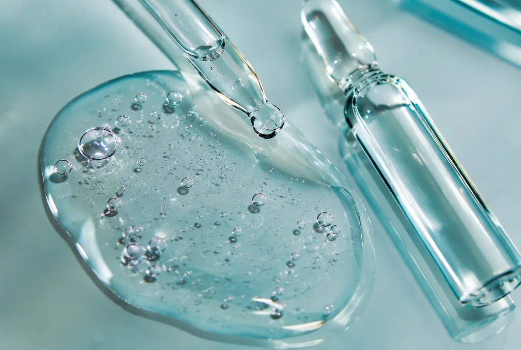 kwas hialuronowy masa cząsteczkowa: kropla serum hialuronowego i ampułka