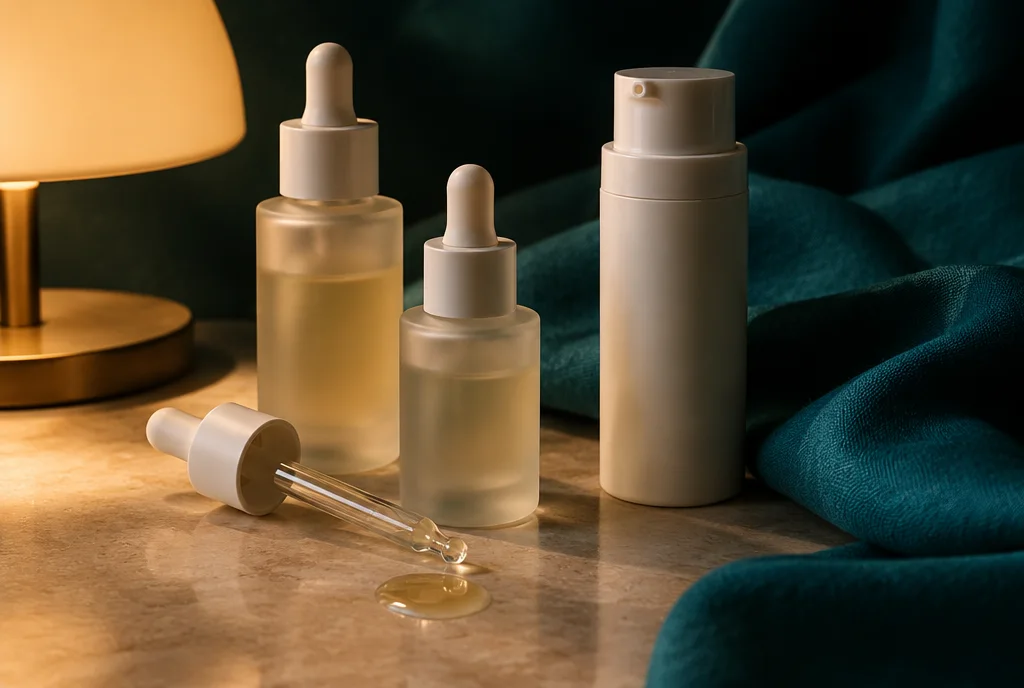 retinol czy retinal: serum z retinoidem w szklanej buteleczce na blacie gabinetu kosmetycznego